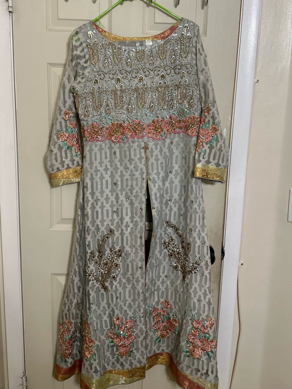 Embellished Long Desi Gown in Gray/Silver with Coral Accents